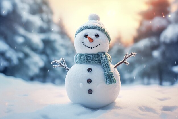 A snowman stands against the backdrop of a winter forest Christmas card AI generated