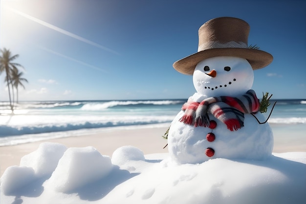 Snowman on surfboard in the tropic Generative AI