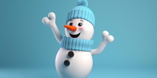 A snowman wearing a blue hat and blue sweater