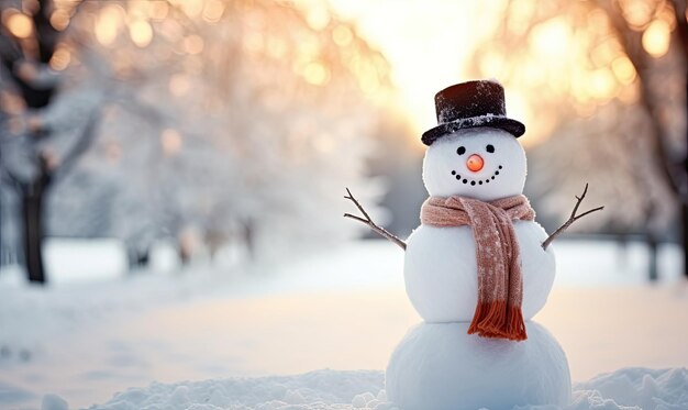 A snowman wearing a hat and scarf in the snow