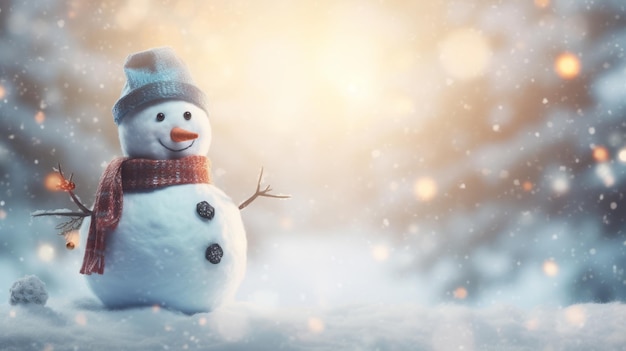 A snowman wearing a hat and scarf in the snow