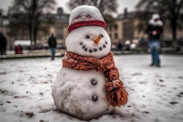 Snowman wearing a red hat and scarf Generative AI