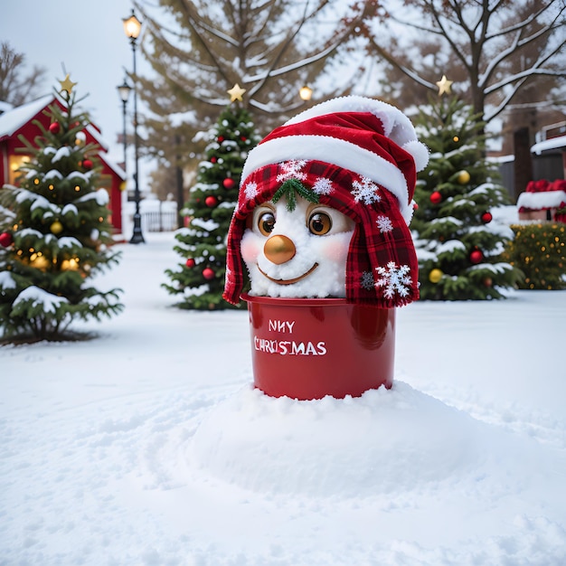 a snowman wearing a red hat surround by christmas tree