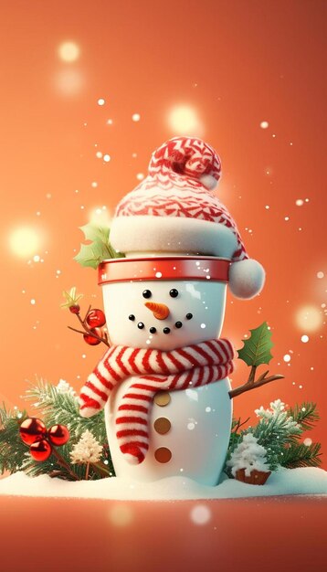 a snowman wearing a red and white hat and scarf