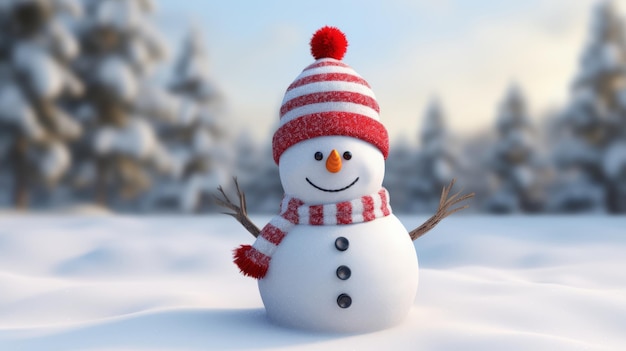 A snowman wearing a red and white hat and scarf