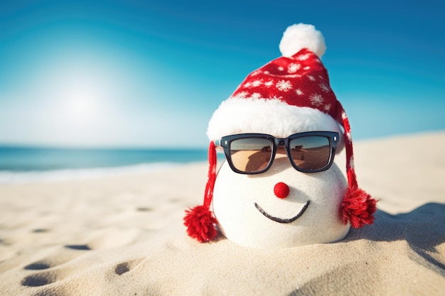 Snowman wearing santa hat and sunglasses on the beach with sea background happy sandy snowman with sunglasses and santa hat on sunny christmas day afternoon ai generated