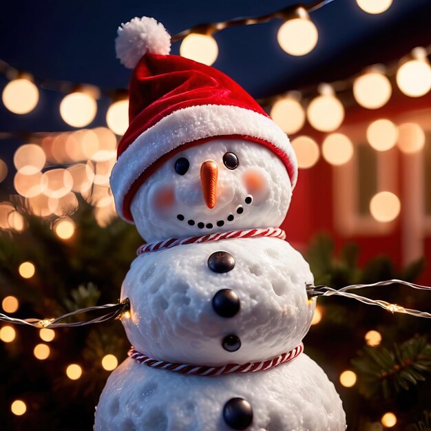 snowman wearing santa hat with christmas lights