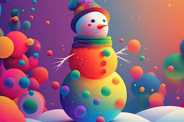 Snowman wearing a vibrant hat and scarf generative ai