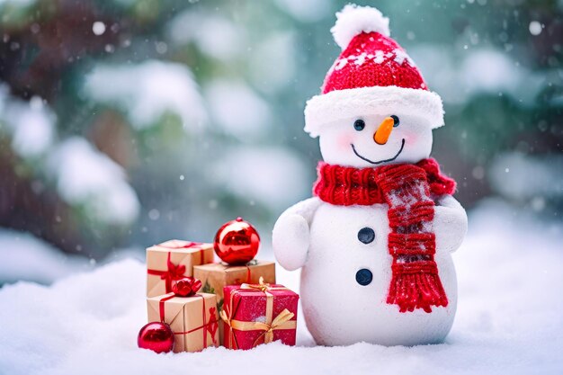 Snowman on the winter background The concept of Christmas and New Year