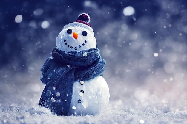 Snowman on winter background with Christmas decoration Selective focus