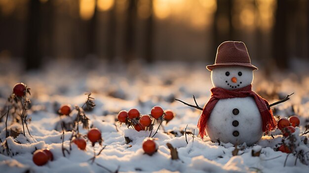 雪の松の木と暖かい光のクリスマスシーンで冬のスノーマン