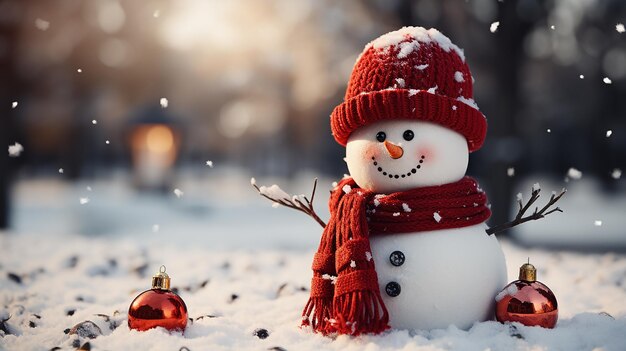 snowman in winter christmas scene with snow pine trees and warm light