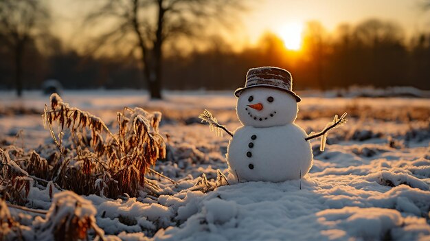 snowman in winter christmas scene with snow pine trees and warm light