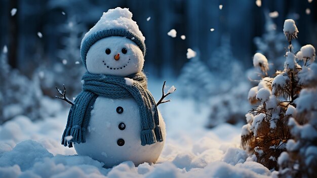 snowman in winter christmas scene with snow pine trees and warm light