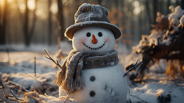 snowman in winter christmas scene with snow pine trees and warm light