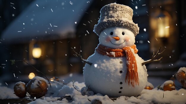 snowman in winter christmas scene with snow pine trees and warm light