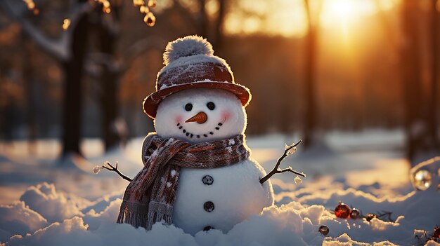 雪の松の木と暖かい光のクリスマスシーンで冬のスノーマン