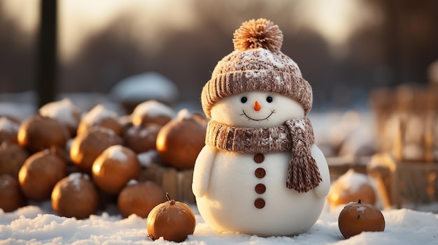 snowman in winter christmas scene with snow pine trees and warm light