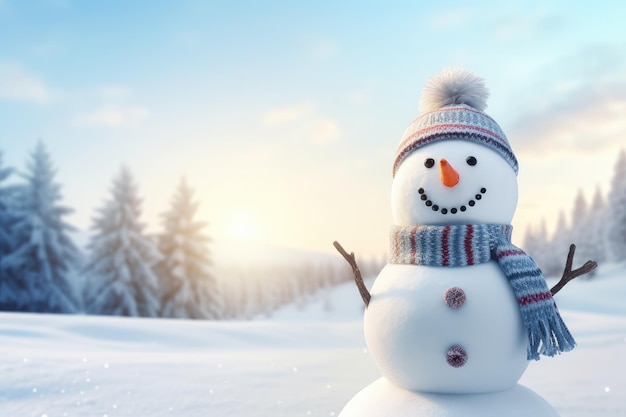 Snowman in winter forest at sunset Christmas and New Year background Panoramic view of a happy snowman in winter scenery with copy space AI Generated