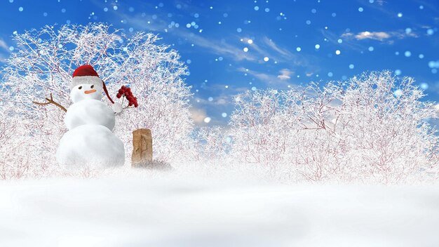 snowman ,winter landscape blue sky trees covered by snow ,white clouds