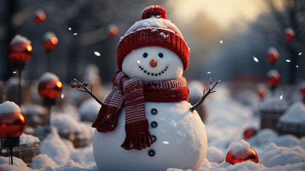 Photo snowman in winter secenery merry christmas and happy new year