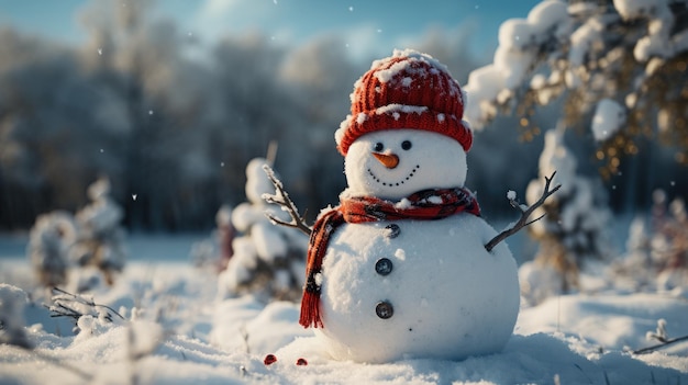 Snowman in winter secenery Merry christmas and happy new year