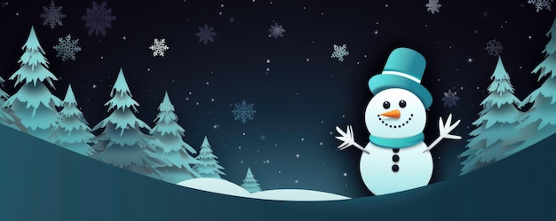 Photo snowman in winter snow landscape christmas background banner generative ai