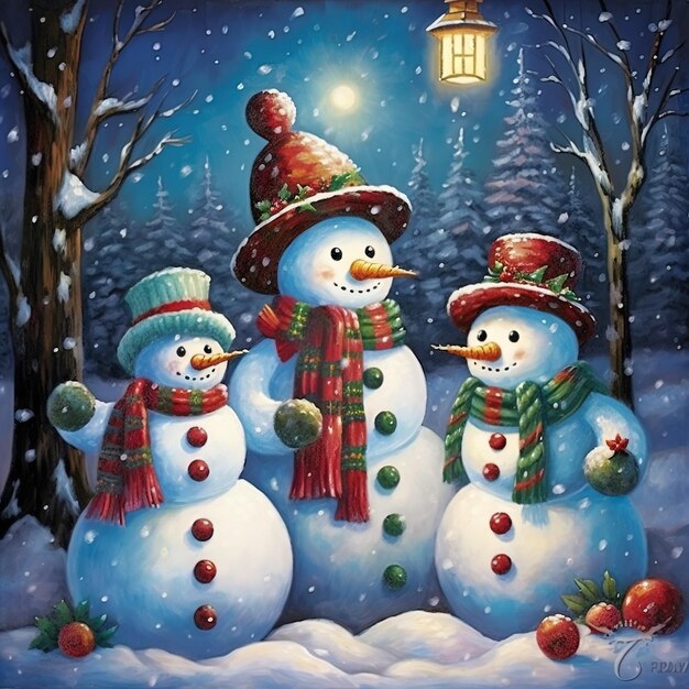 a snowman with a bell and a lantern in the background