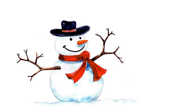 Photo snowman with black hat and red scarf made by hand drawing and watercolor painting