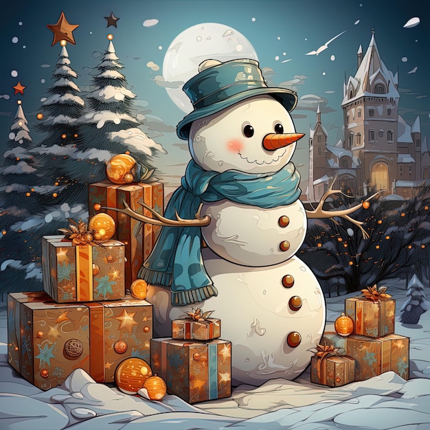 a snowman with a blue scarf and a snowman in front of a christmas tree