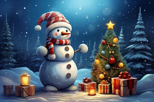 snowman with boxes of gifts in forest by the Christmas tree at night Greeting card for celebration of the new year