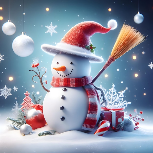 Snowman with broom and Christmas tree on background 3d illustration