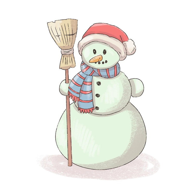 Photo snowman with a broom winter the snowman is in a hat in a scarf with a broom