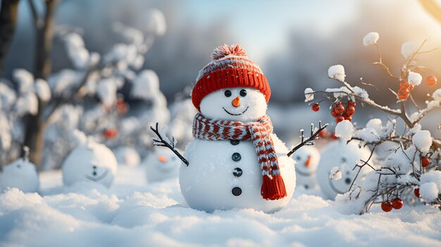 Snowman with cap and scarf in a snowy winter landscape Blurred background and sunset light Winter and christmas background