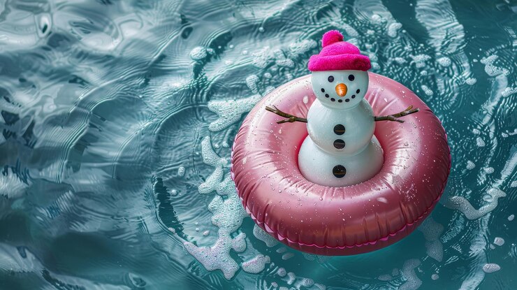 Photo snowman with carrot nose and branches relaxing in pink inflatable ring on blue water surface