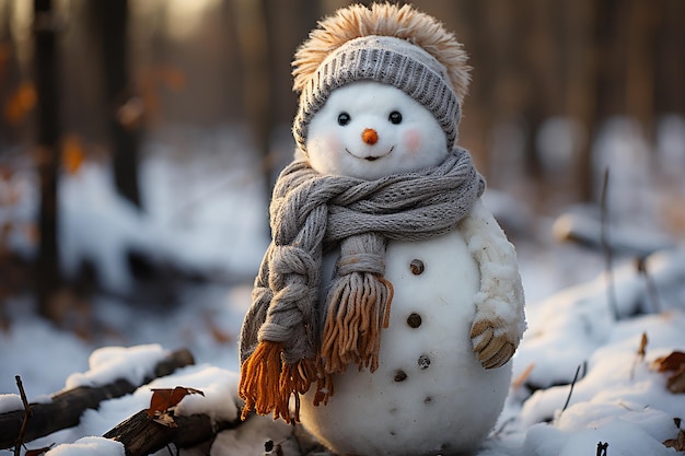 ニンジンの鼻と心地よいスカーフをした雪だるま