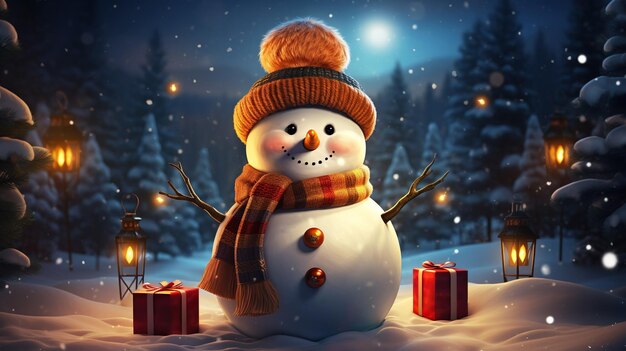 Snowman with Christmas Gift Box Digital illustration Poster Copy space