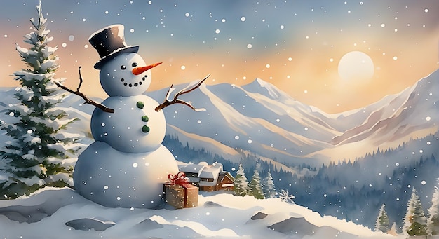 Snowman with christmas gifts under the snowfall in painting style