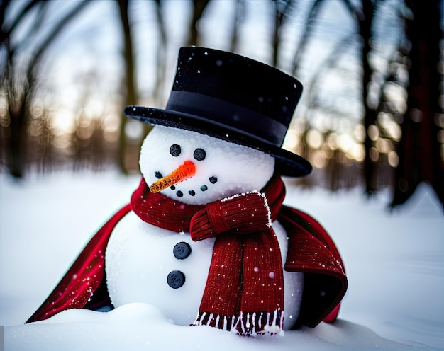 a snowman with christmas hat on a beautiful background of snow