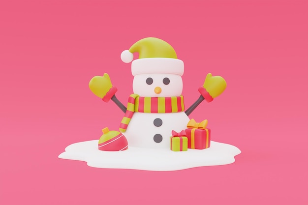 Snowman with Christmas presents balls and pine tree Merry Christmas and Happy New Year 3d rendering