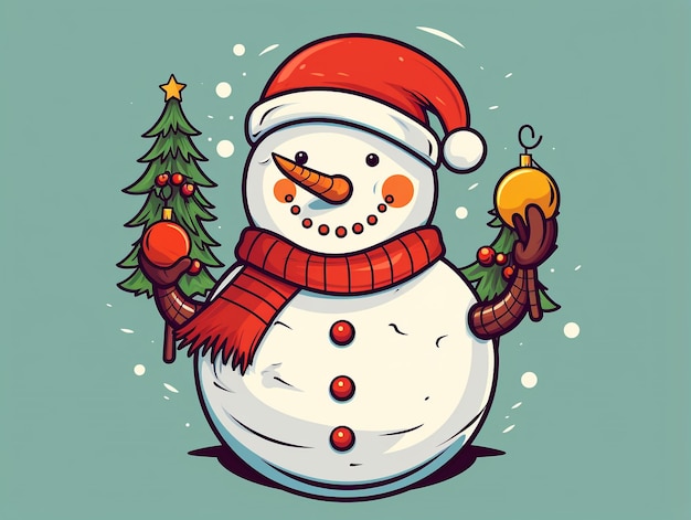 a snowman with a christmas tree in the background