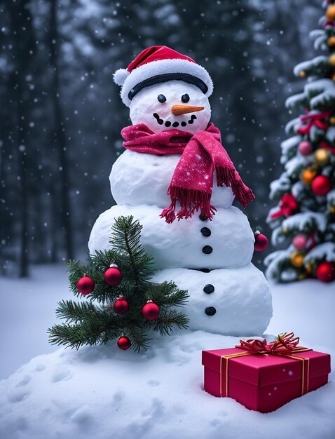 Snowman with christmas tree and Gift Christmas card