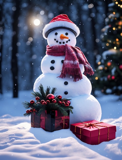 Snowman with christmas tree and Gift Christmas card