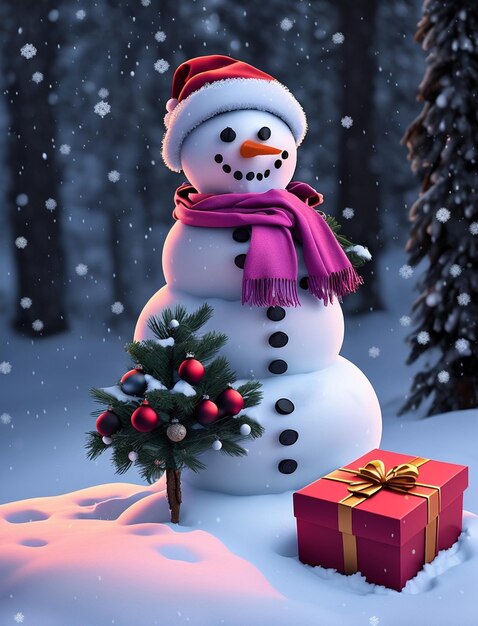 Photo snowman with christmas tree and gift christmas card