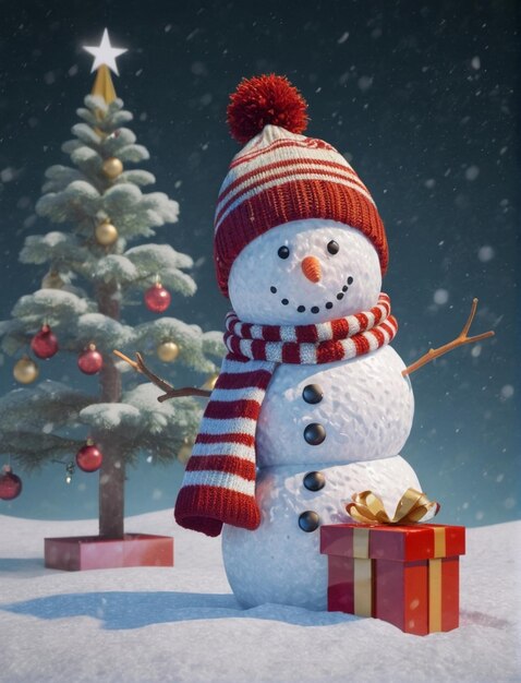 Photo snowman with christmas tree and gift christmas card