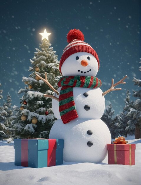 Photo snowman with christmas tree and gift christmas card