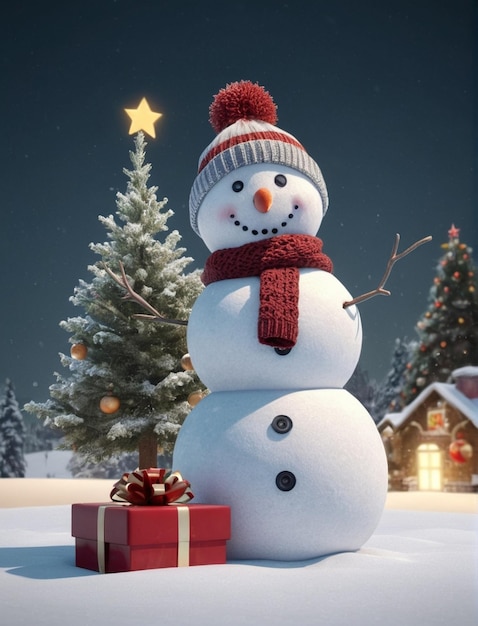 Photo snowman with christmas tree and gift christmas card