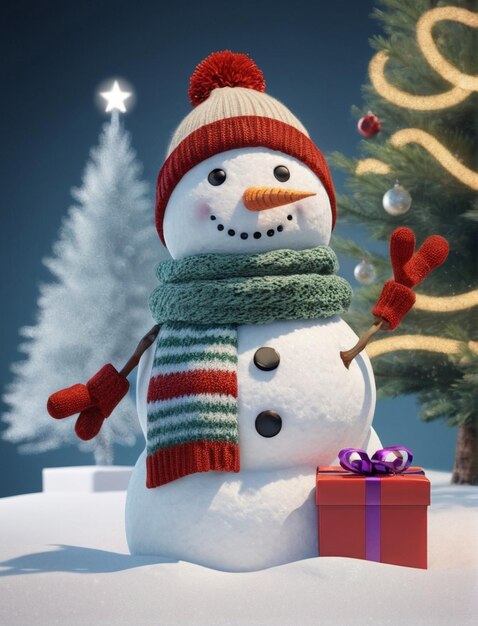 Photo snowman with christmas tree and gift christmas card