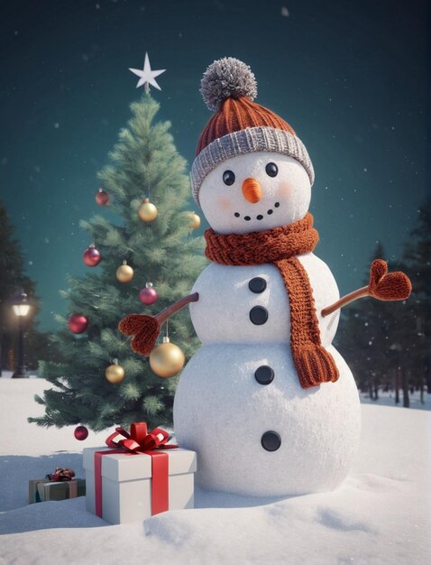 Photo snowman with christmas tree and gift christmas card