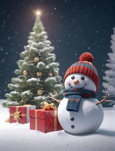 snowman with christmas tree and Gift Christmas card